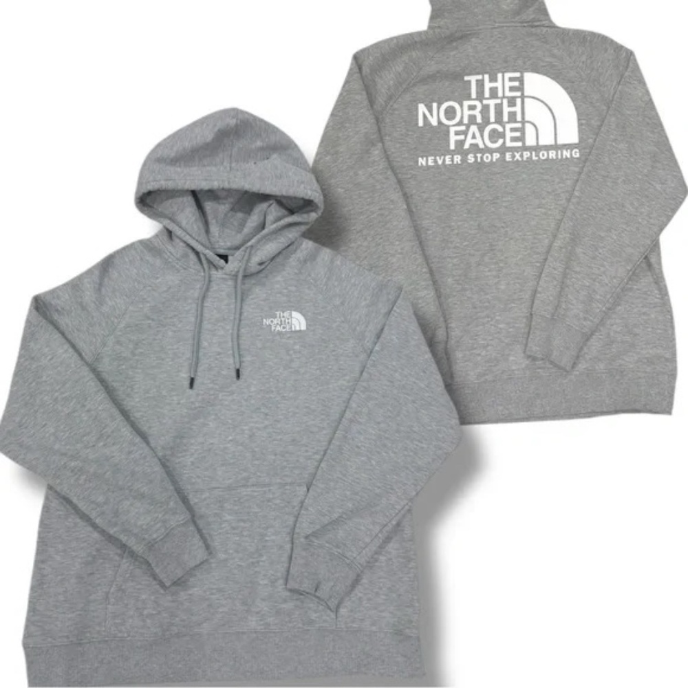 The North Face Drawstring Hoodie - Heather Gray Front & Back White Large Logo S